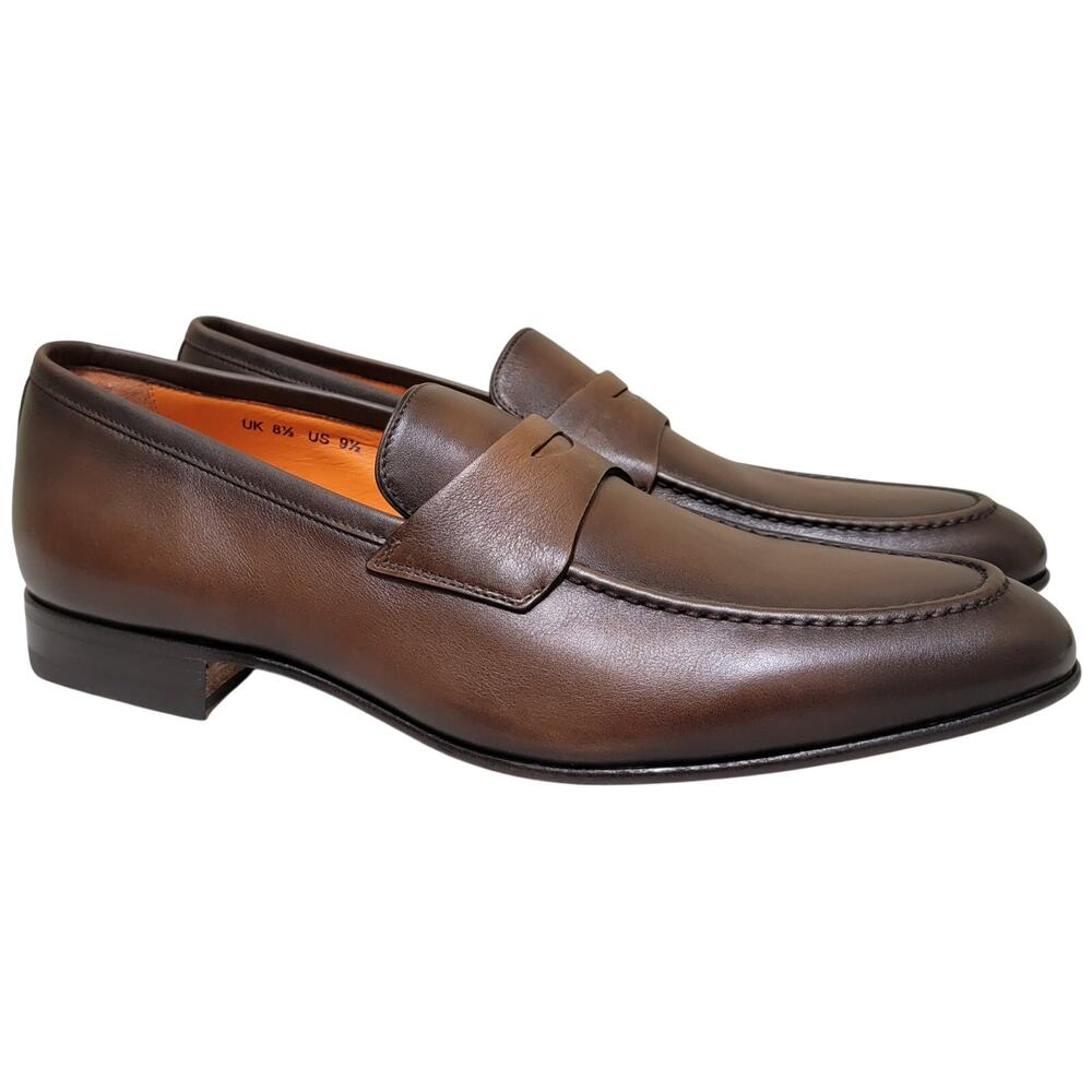 Santoni Men Darius Slip On Penny Loafers Size US 9.5 Brown Leather Made in Italy